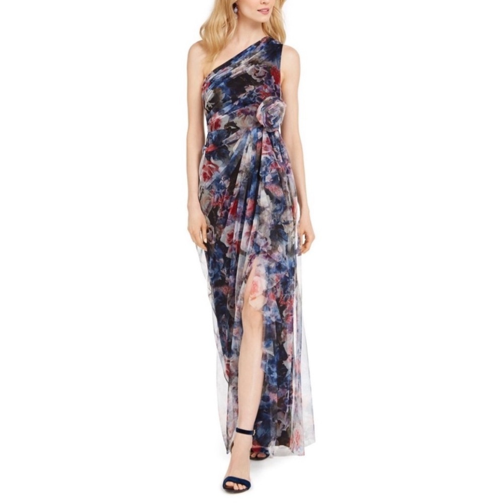 $249 NWT Adrianna Papell 10 One Shoulder Floral Mesh Gown Maxi Dress Formal